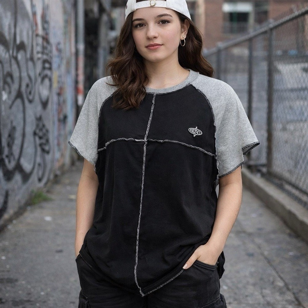 Basic Pleasure Mode Shirt Women 20 Black Grey Colorblock Futuristic Skate Grunge